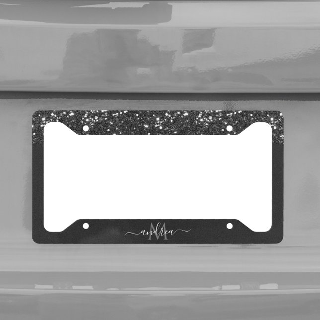 Silver Glitter Glam Gray Black Monogram & Name License Plate Frame (Creator Uploaded)