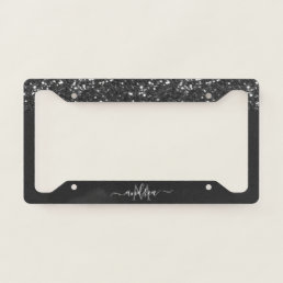Silver Glitter Glam Gray Black Monogram &amp; Name License Plate Frame