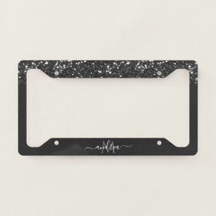 Silver Glitter Glam Gray Black Monogram & Name License Plate Frame
