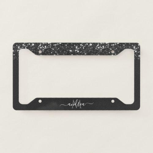 Silver Glitter Glam Gray Black Monogram  Name License Plate Frame
