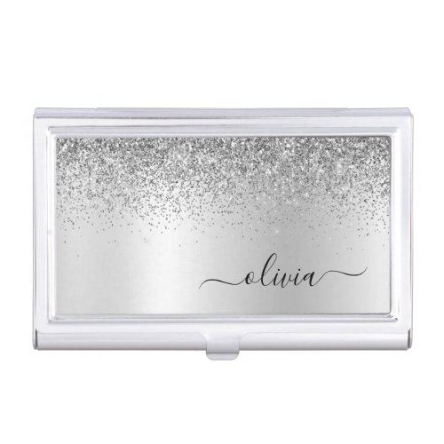 Silver Glitter Glam Metal Monogram Name Business Card Case