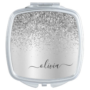 Silver Glitter Glam Metal Monogram Name Compact Mirror