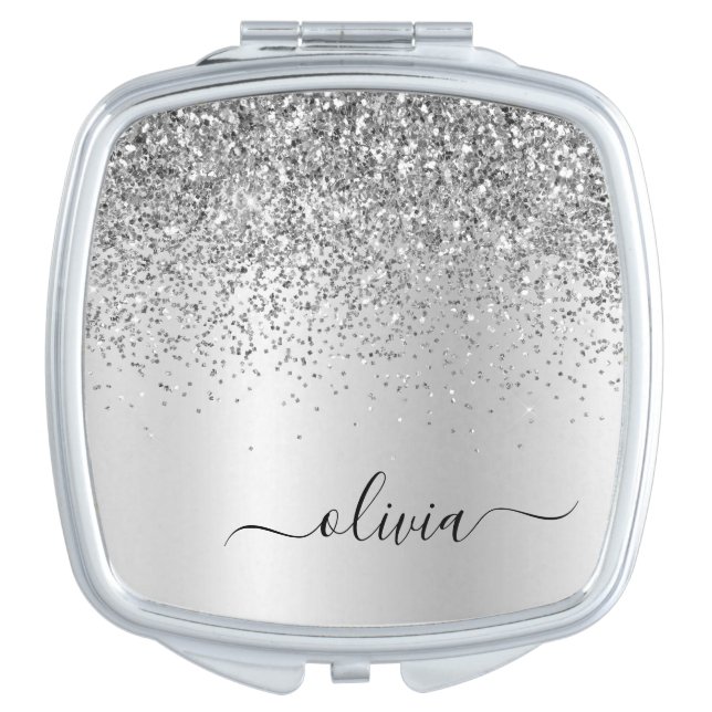 Silver Glitter Glam Metal Monogram Name Compact Mirror (Front)