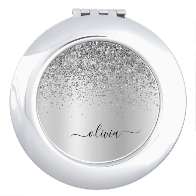 Silver Glitter Glam Metal Monogram Name Compact Mirror (Front)