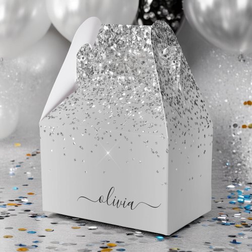 Silver Glitter Glam Metal Monogram Name Favor Boxes