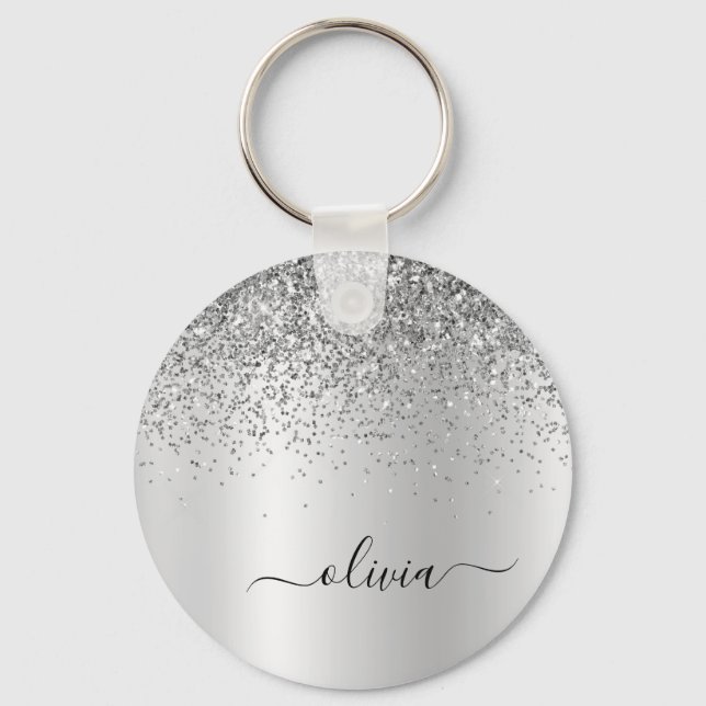 Silver Glitter Glam Metal Monogram Name Keychain (Front)