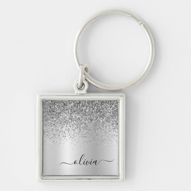 Silver Glitter Glam Metal Monogram Name Keychain (Front)