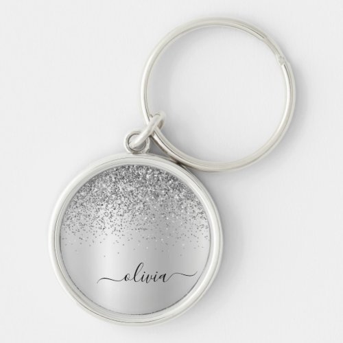 Silver Glitter Glam Metal Monogram Name Keychain