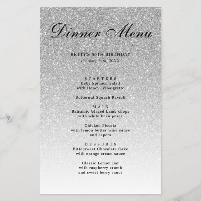 Silver Glitter Glam Party Menu Flyer (Front)
