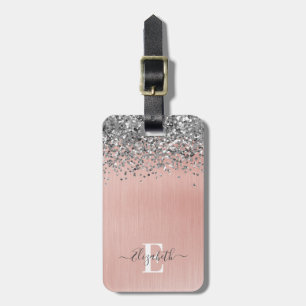 Silver Glitter Glam Pink Brushed Metal Monogram Luggage Tag