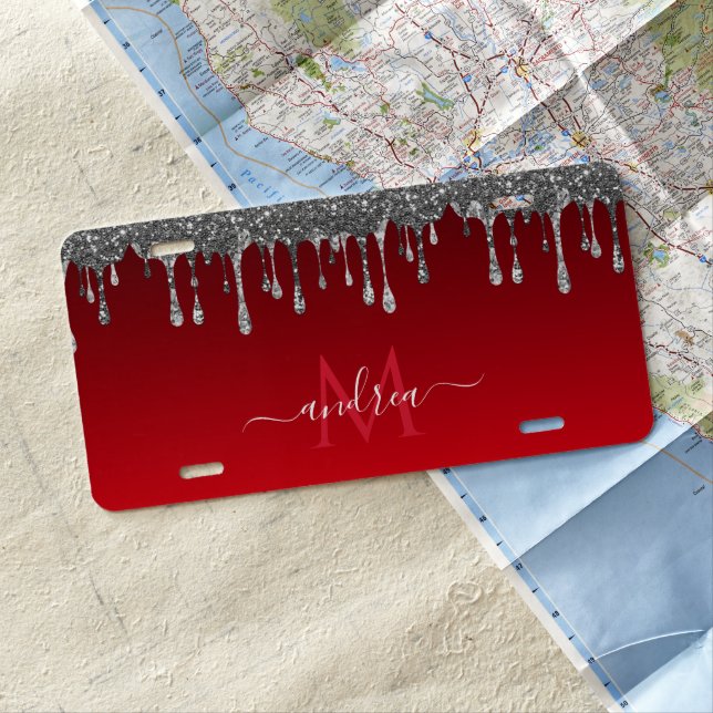 Silver Glitter Glam Red Gradient Monogram & Name  License Plate (In Situ)