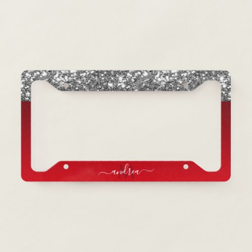 Silver Glitter Glam Red Gradient Monogram  Name License Plate Frame