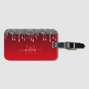 Silver Glitter Glam Red Gradient Monogram & Name Luggage Tag