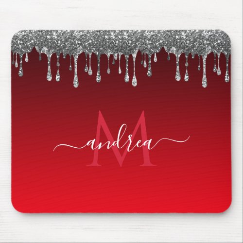 Silver Glitter Glam Red Gradient Monogram  Name Mouse Pad