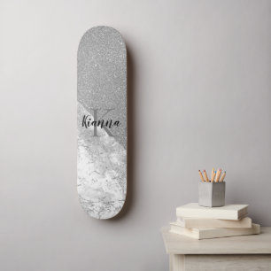 Silver Glitter Glam Silver Marble Monogram  Skateboard