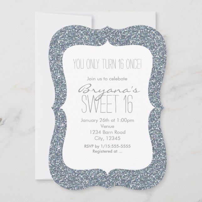 Silver Glitter Glam Sweet 16 Birthday Invitations (Front)