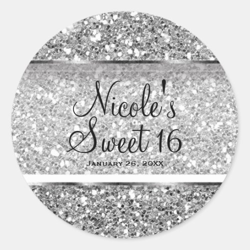 Silver Glitter Glam Sweet 16 Custom Party Favor Classic Round Sticker