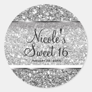Silver Glitter Glam Sweet 16 Custom Party Favor Classic Round Sticker