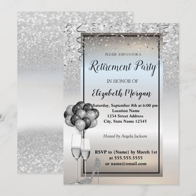 Silver  Glitter ,Glass,Ballons Retirement Party Invitation (Front/Back)