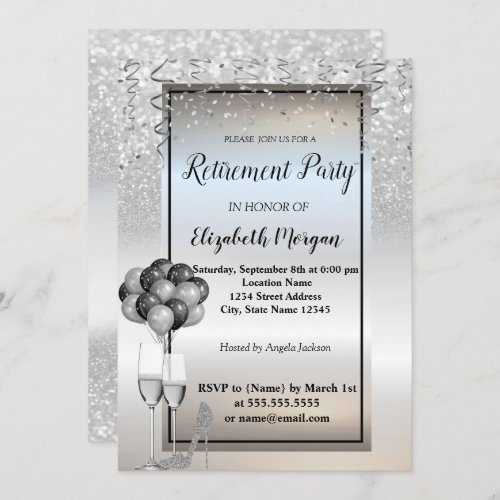 Silver  Glitter GlassBallons Retirement Party Invitation