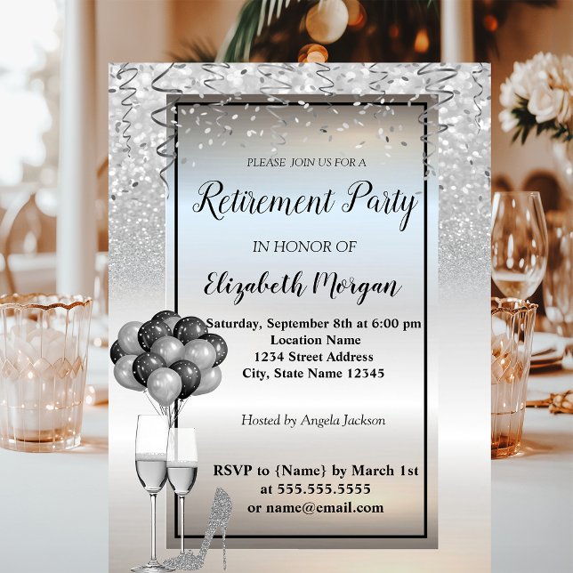 Silver  Glitter ,Glass,Ballons Retirement Party Invitation (Creator Uploaded)