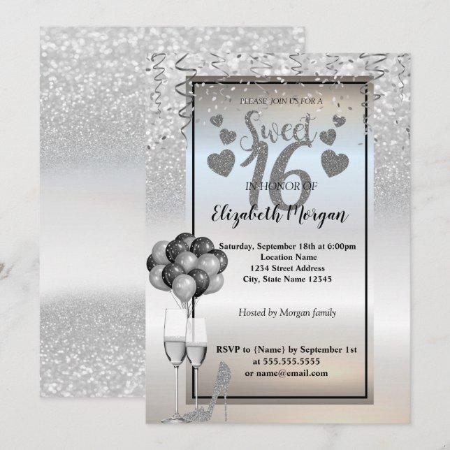 Silver  Glitter ,Glass,Ballons Sweet 16 Party Invitation (Front/Back)