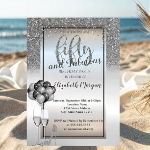 Silver Glitter Glass,Balloons 50th Birthday Party Invitation