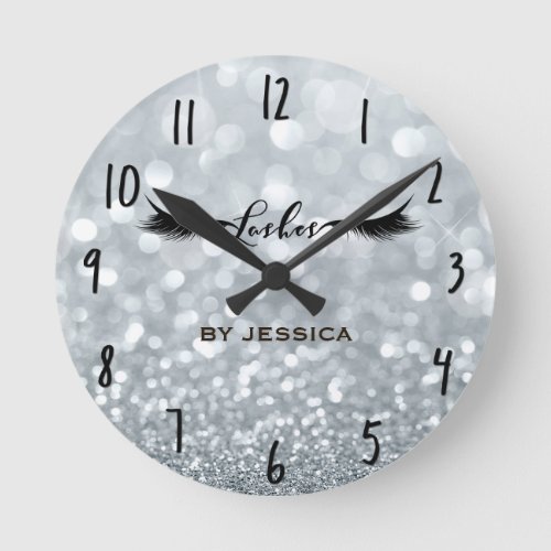 Silver Glitter Glittery Lashes Salon Personalized Round Clock
