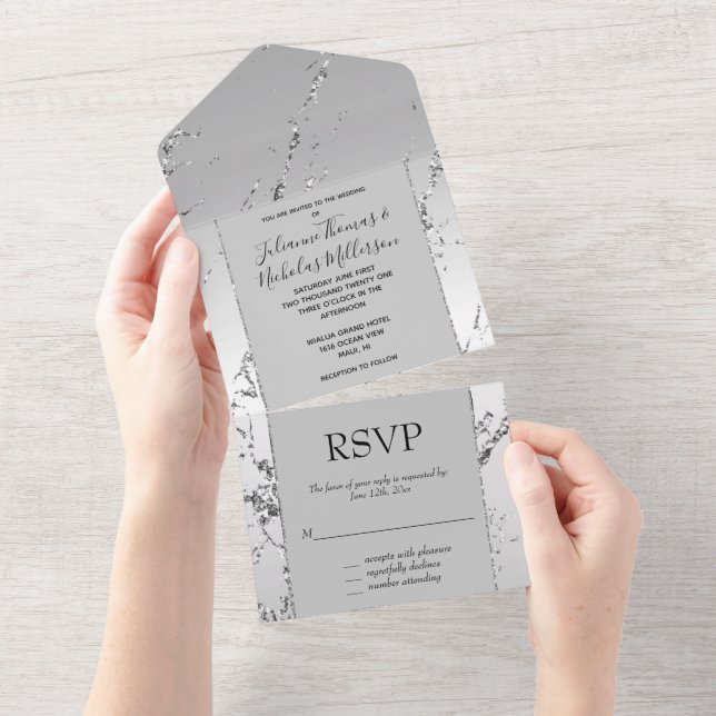 Silver Glitter Glitzy Marble All In One Invitation (Tearaway)
