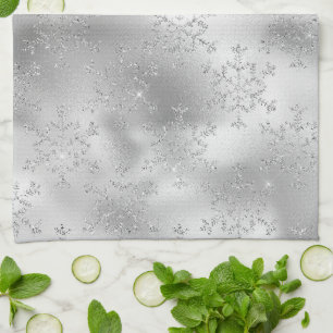 Silver Glitter Glitzy Snowflakes Christmas Kitchen Towel