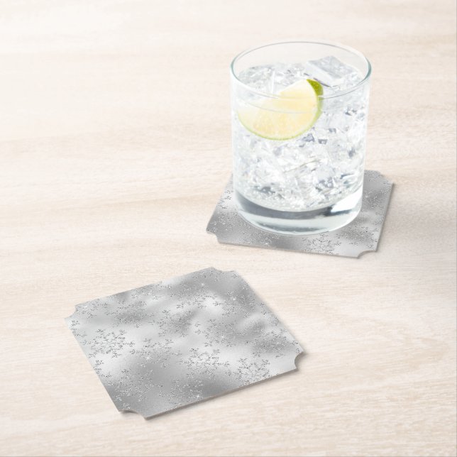 Silver Glitter Glitzy Snowflakes Paper Coaster (Insitu)