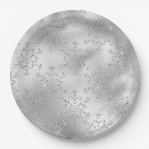 Silver Glitter Glitzy Snowflakes Paper Plates