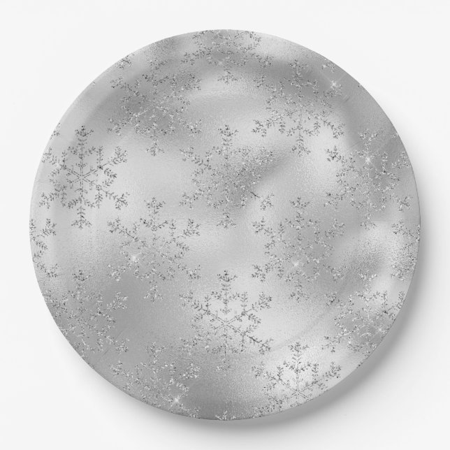 Silver Glitter Glitzy Snowflakes Paper Plates (Front)