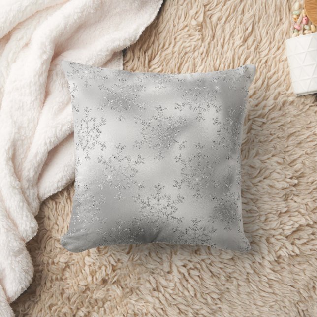 Silver Glitter Glitzy Snowflakes Throw Pillow (Blanket)