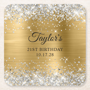 Silver Glitter Gold Foil 21st Birthday Square Paper Coaster