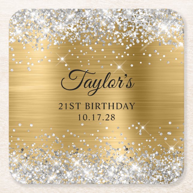 Silver Glitter Gold Foil 21st Birthday Square Paper Coaster (Front)