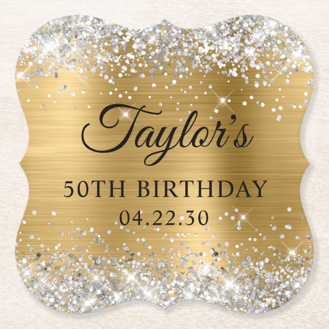 Silver Glitter Gold Foil 50th Birthday Paper Coaster (Front)