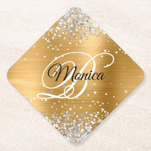 Silver Glitter Gold Foil Monogram Diamond Paper Coaster