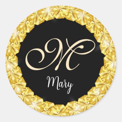 Silver Glitter Gold Jewel Frame Monogram  Classic Round Sticker