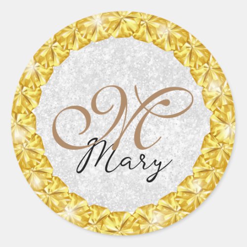 Silver Glitter Gold Jewel Frame Monogram  Classic Round Sticker