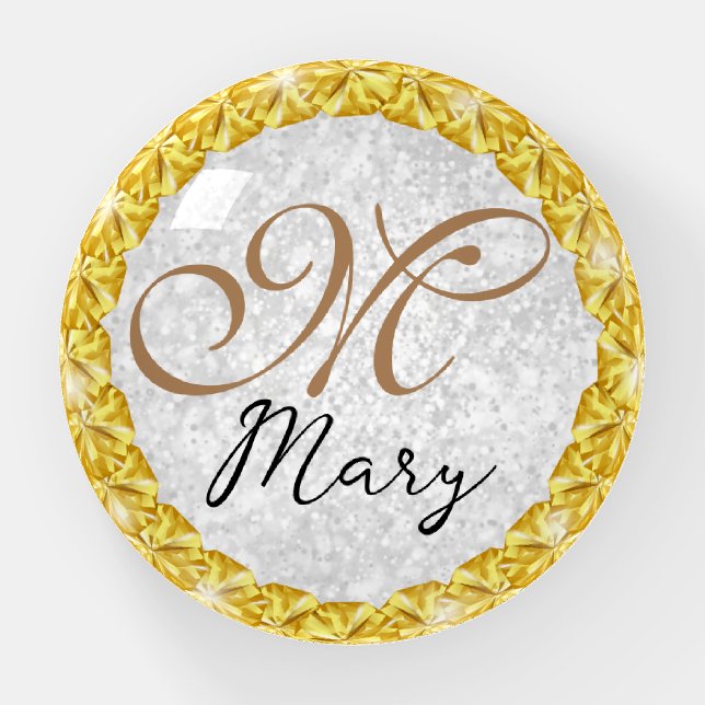 Silver Glitter Gold Jewel Monogram Paperweight (Front)