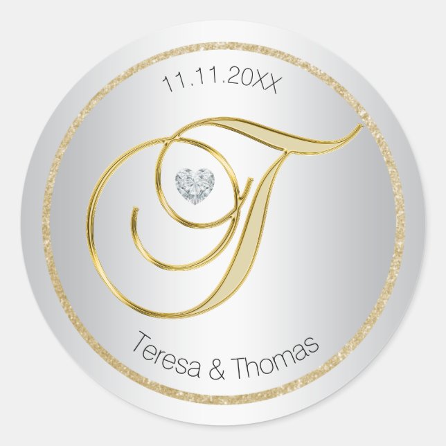 Silver Glitter Gold Monogram Wedding Envelope Seal (Front)