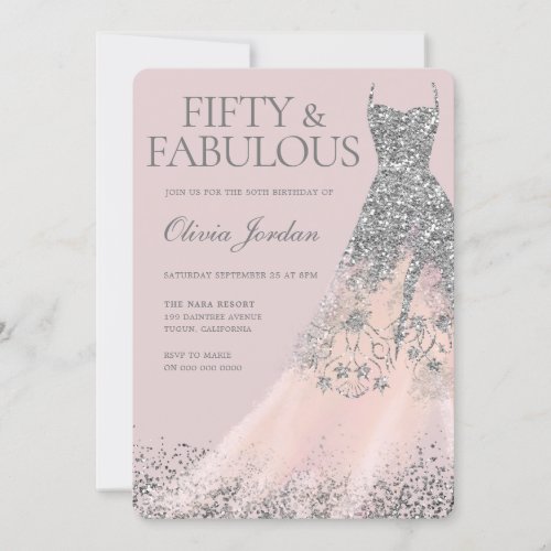 Silver Glitter Gown  Blush 50th Birthday Party Invitation