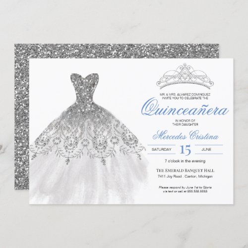 Silver Glitter Gown Elegant Quinceaera Invitation