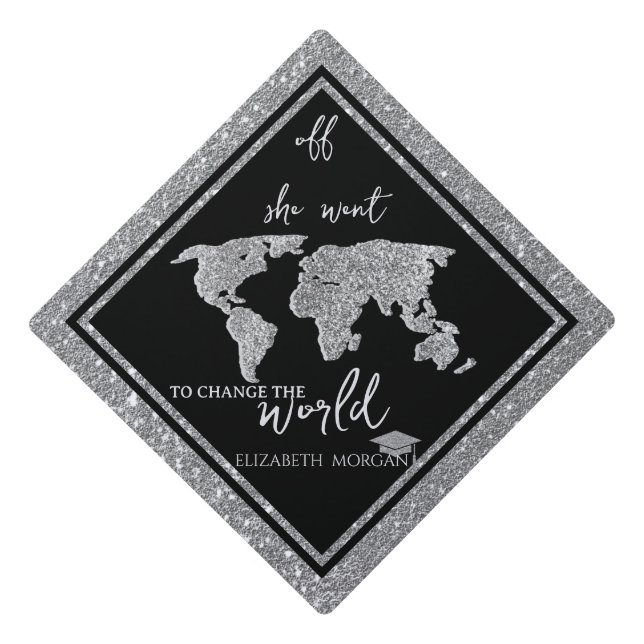 Silver Glitter Grad Cap World Map Graduation (Front)