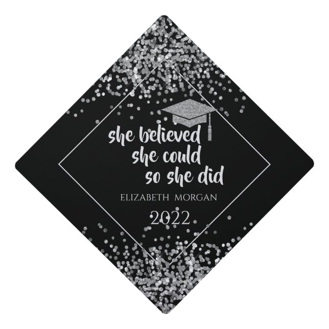 Silver Glitter Graduate Cap,Confetti  Graduation Cap Topper (Front)