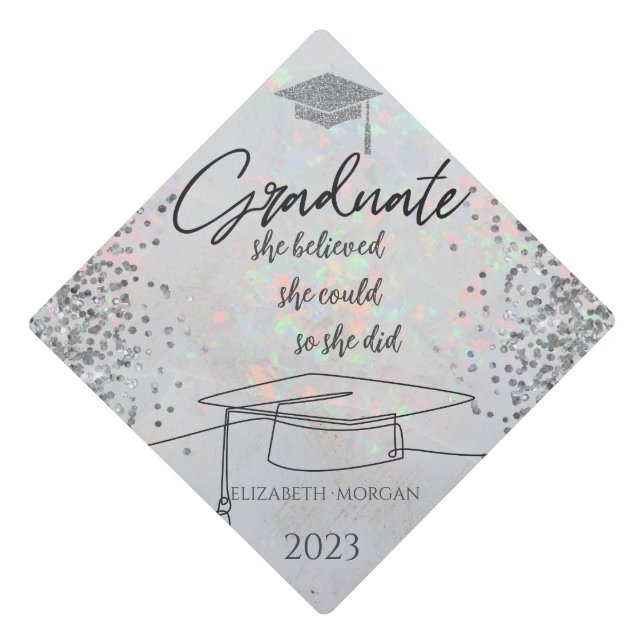 Silver Glitter Graduate Cap,Confetti Holographic Graduation Cap Topper (Front)