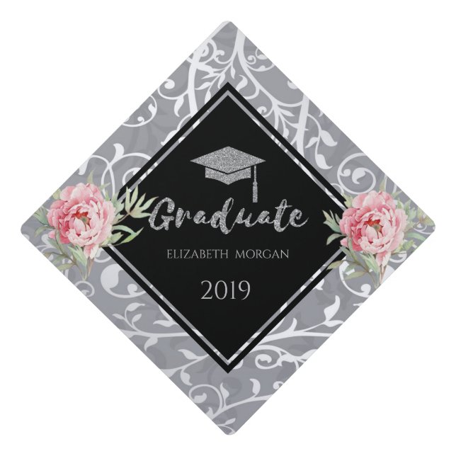 Silver Glitter Graduate Cap,Damask,Roses Graduation Cap Topper (Front)
