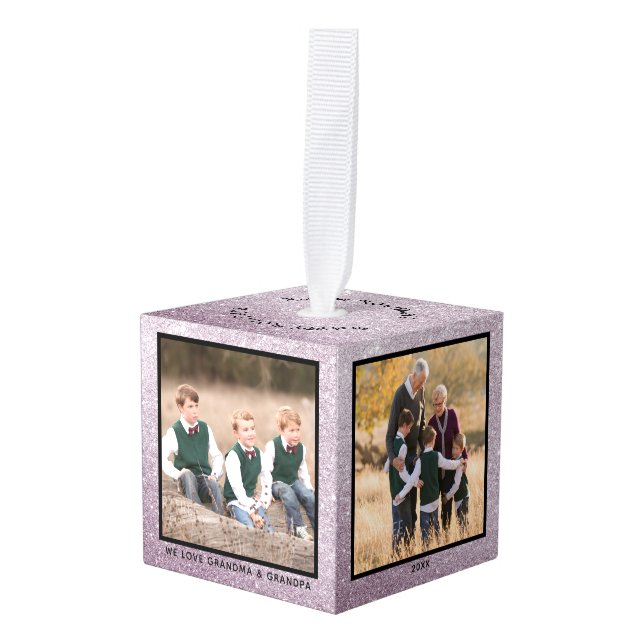 Silver Glitter Grandparents 4 Photo Christmas Cube Ornament (Front Angled)
