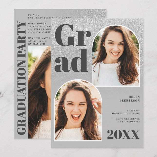 Silver glitter gray arch 3 photos graduation invitation (Front/Back)